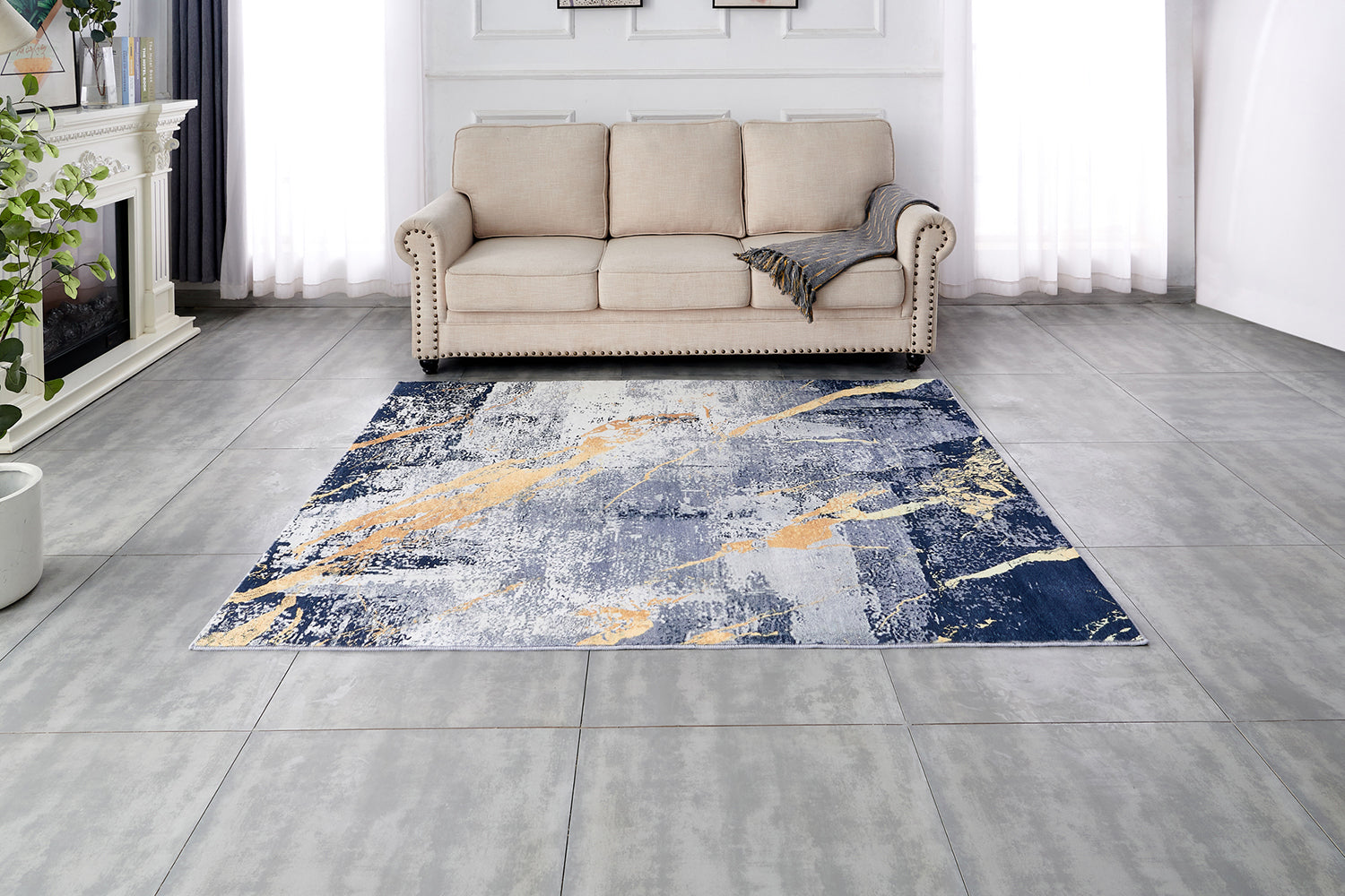 ZARA Collection Abstract Design Blue Gray Yellow Machine Washable Super Soft Area Rug