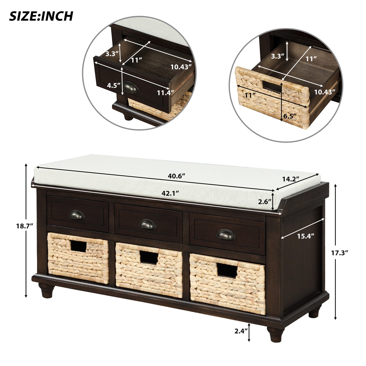 TREXM Rustic Storage Bench with 3 Drawers and 3 Rattan Baskets - Espresso