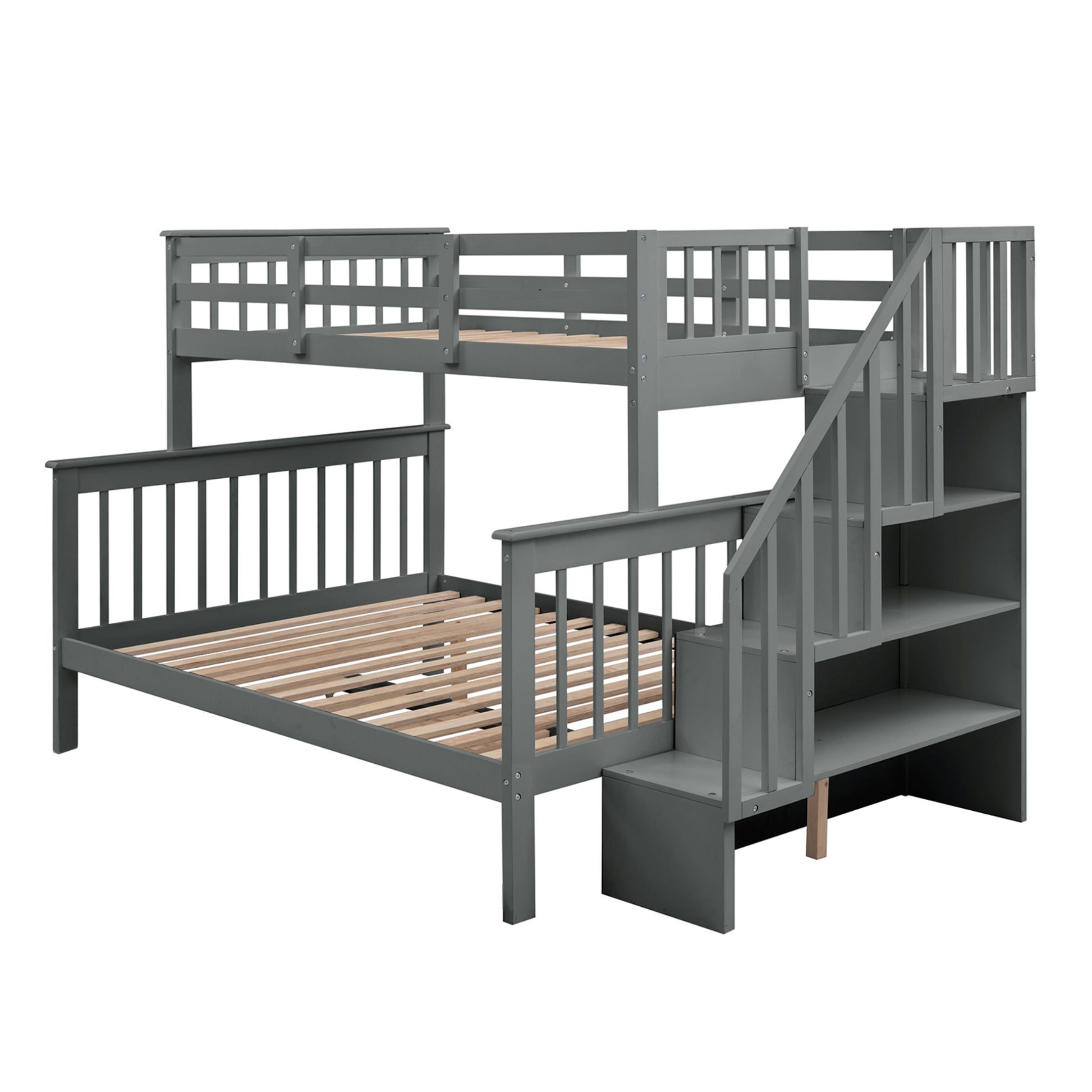 Stairway Twin-Over-Full Bunk Bed with Storage and Guard Rail for Bedroom, Gray