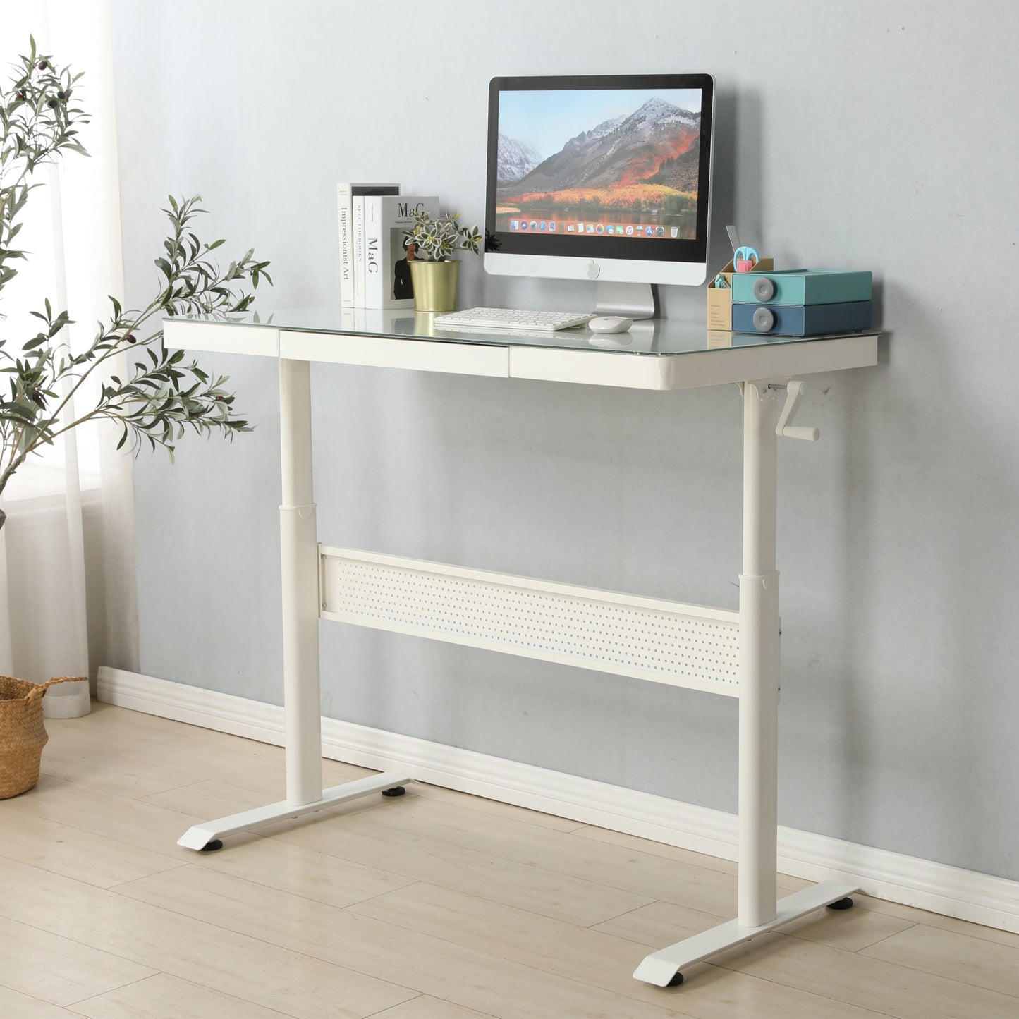 Hayward Tempered Glass Top Standing Desk with Metal Drawer