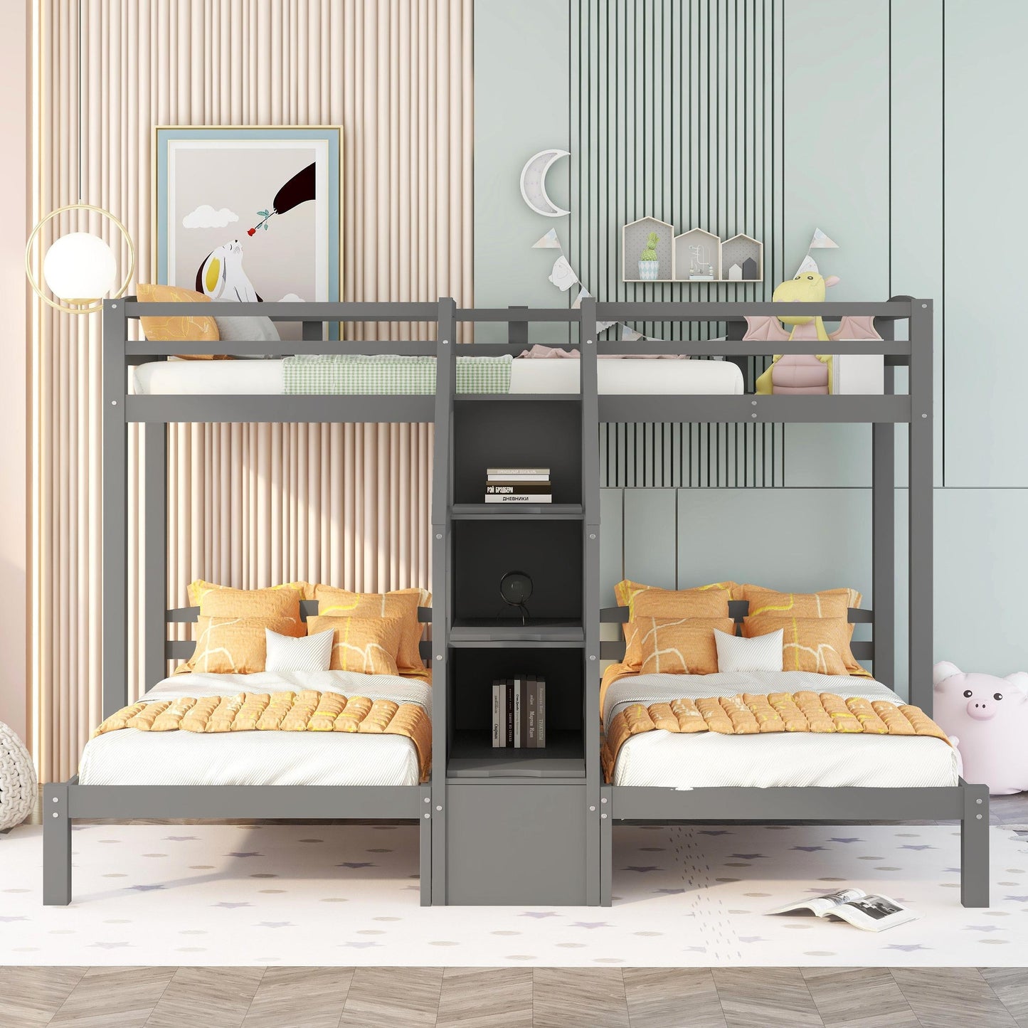 Twin over Twin & Twin Bunk Bed with Built-in Staircase and Storage in Gray