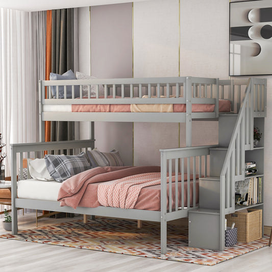 WM Store Twin over Full Stairway Bunk Bed with Storage, Gray