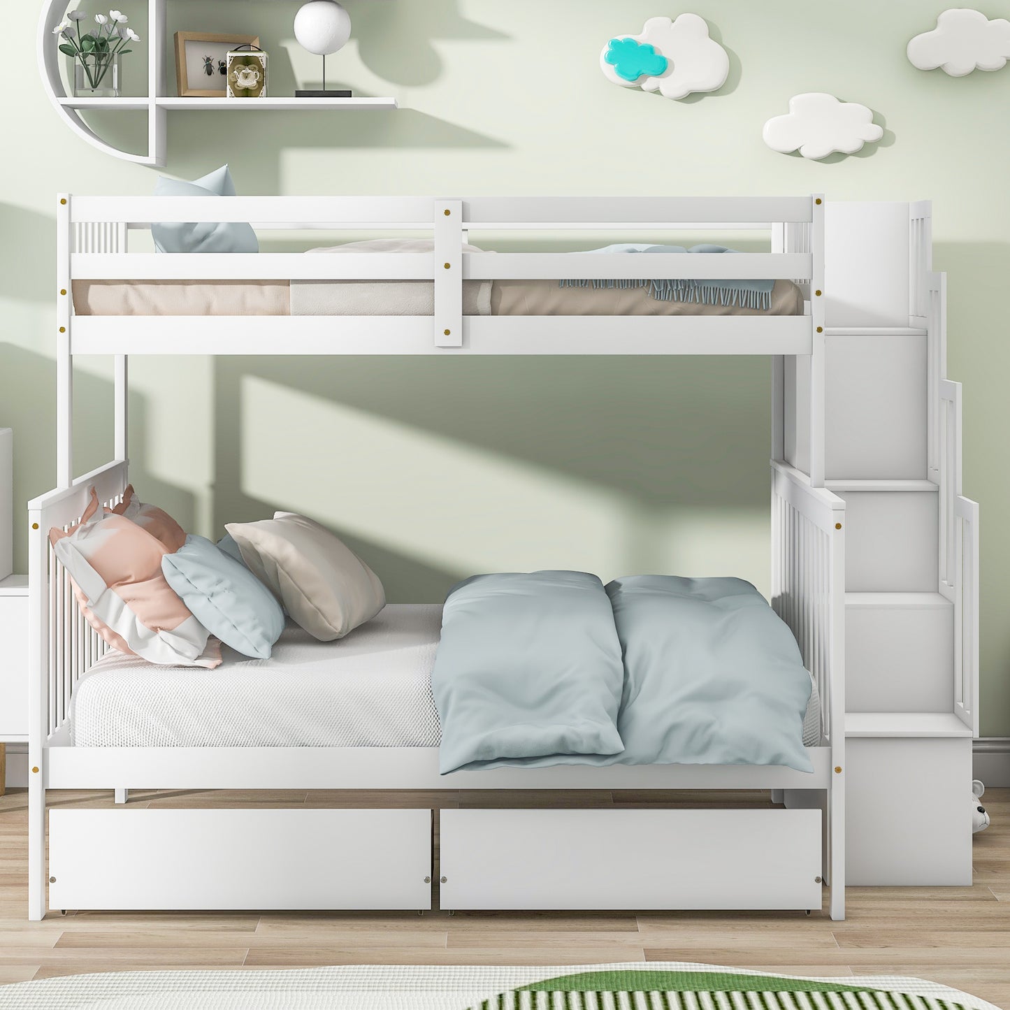 Inspirit Twin over Full Bunk Bed with Staircase - White