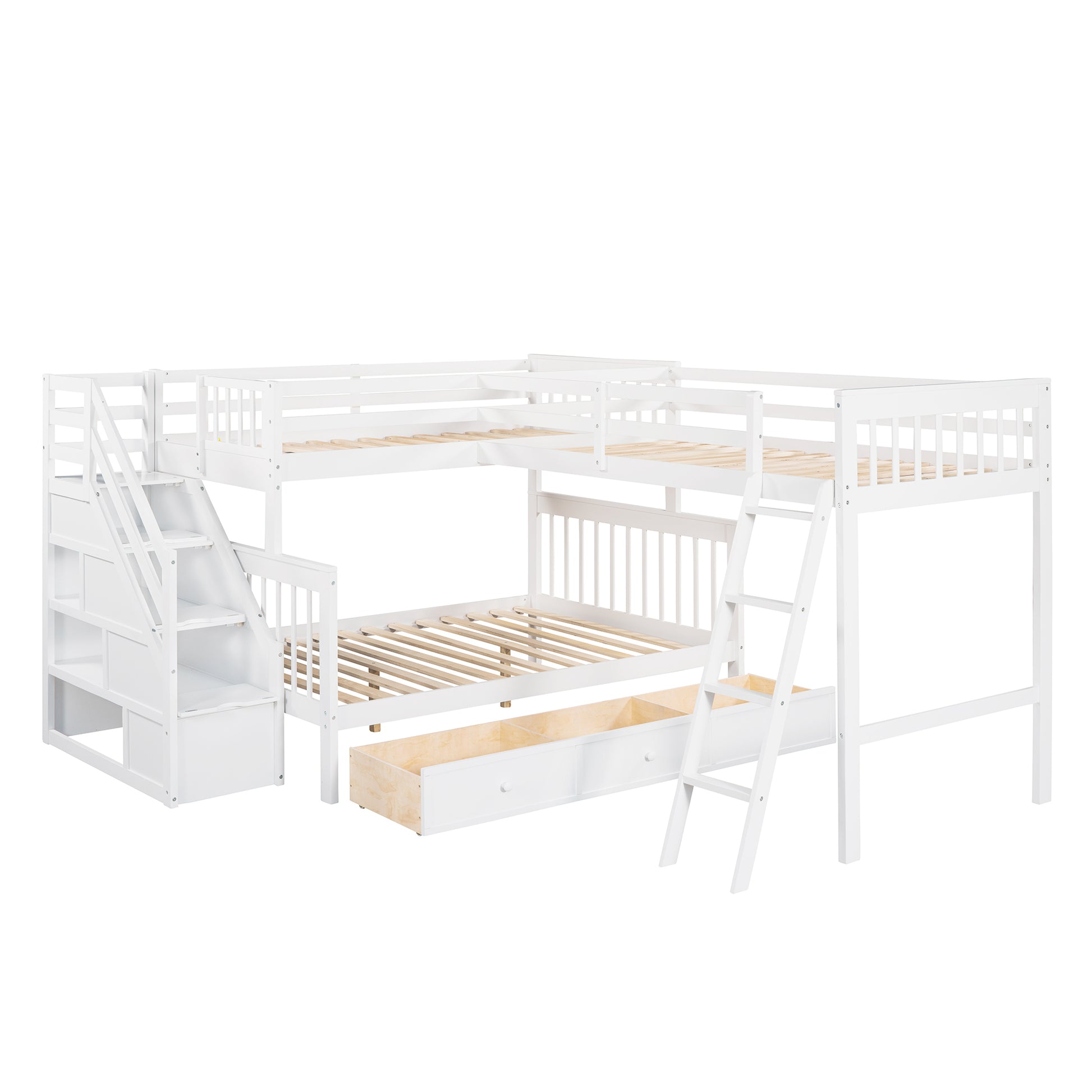 Twin over Full L-Shaped Bunk Bed With 3 Drawers, Ladder and Staircase - White
