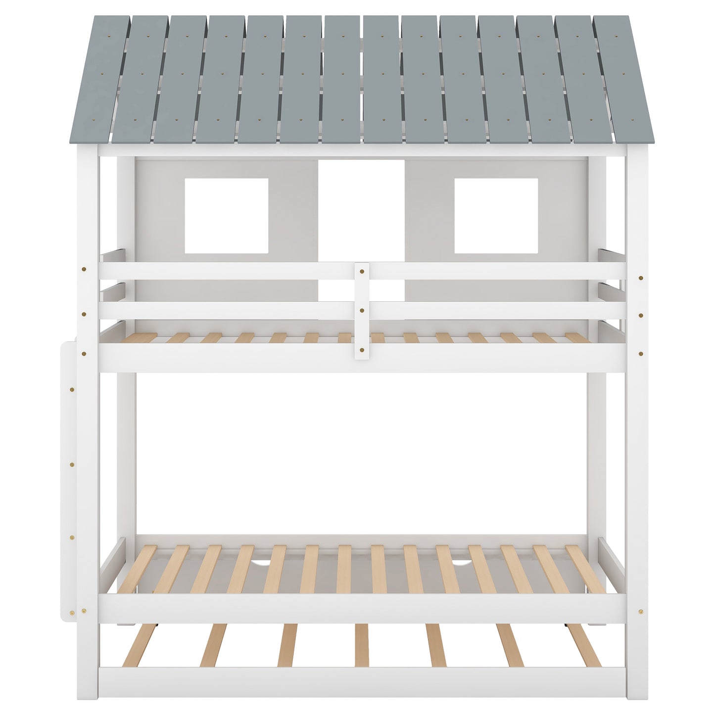 House Bunk Bed with Trundle,Roof and Windows,White