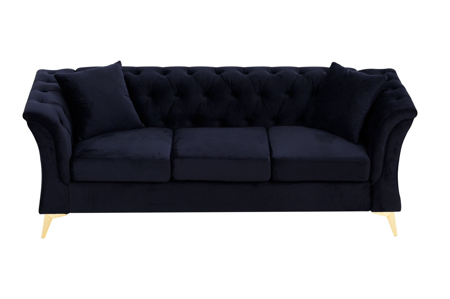Modern Chesterfield Curved Sofa Tufted Velvet Couch 3 Seat Button Tufed Couch with Scroll Arms and Gold Metal Legs Black