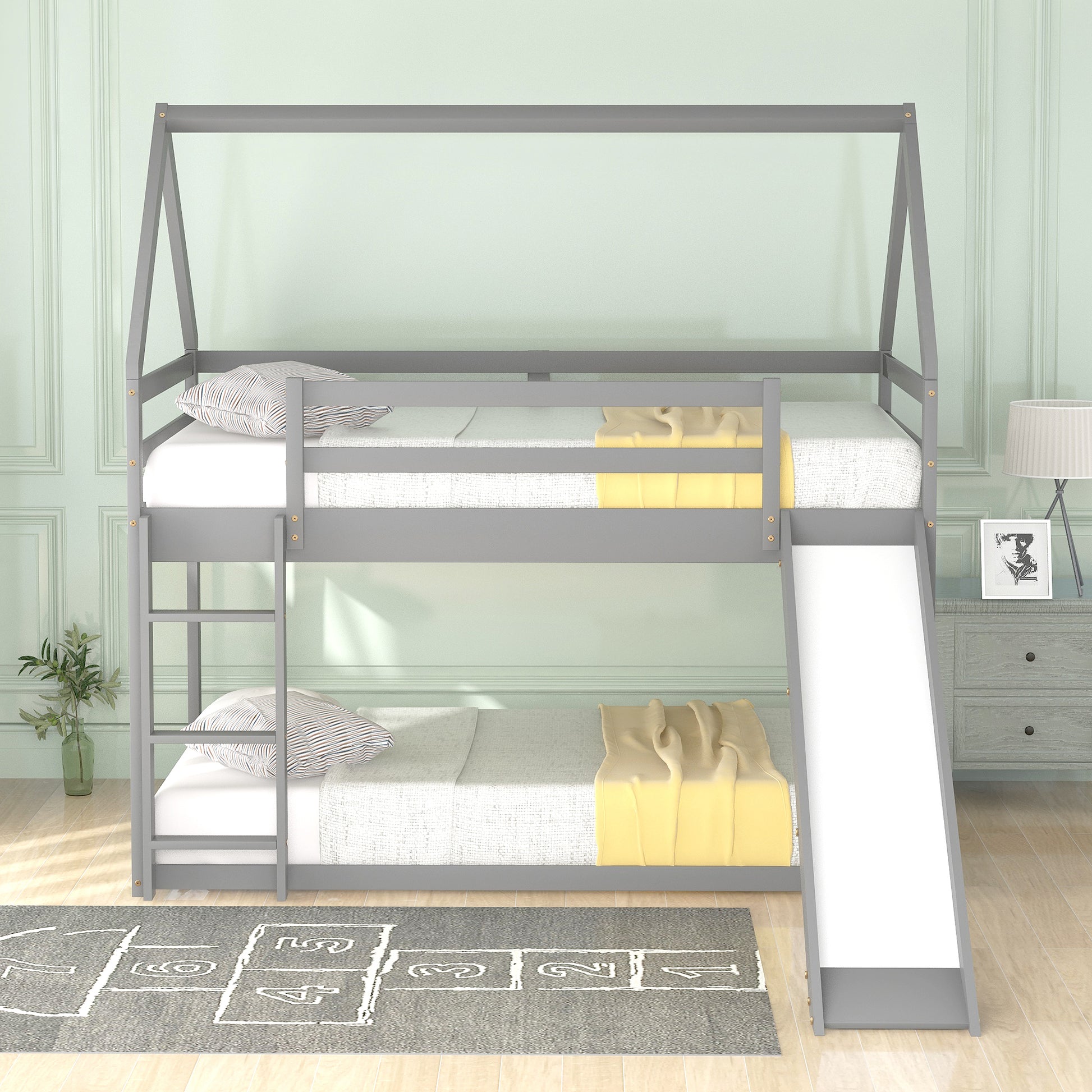 WM Store Twin Size Bunk House Bed with Slide and Ladder in Gray