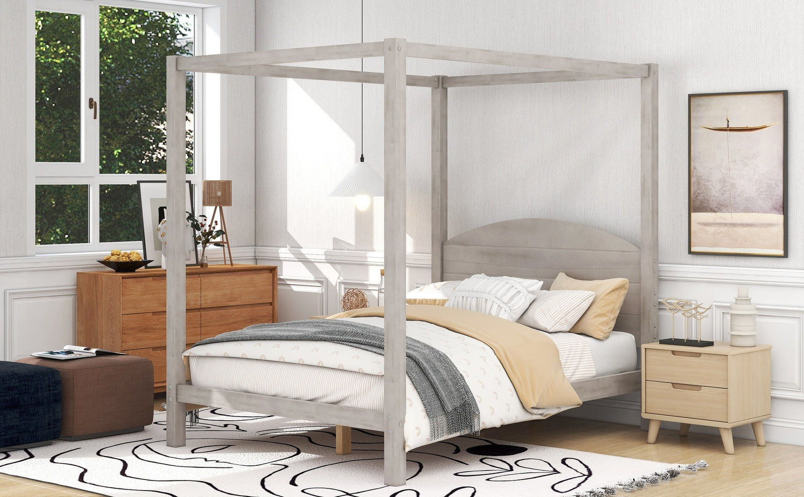 Full Size Canopy Platform Bed with Headboard and Support Legs,Grey Wash