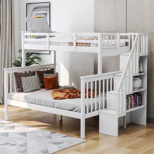 Homey Life Twin-Over-Full Bunk Bed with Storage Stairway in White