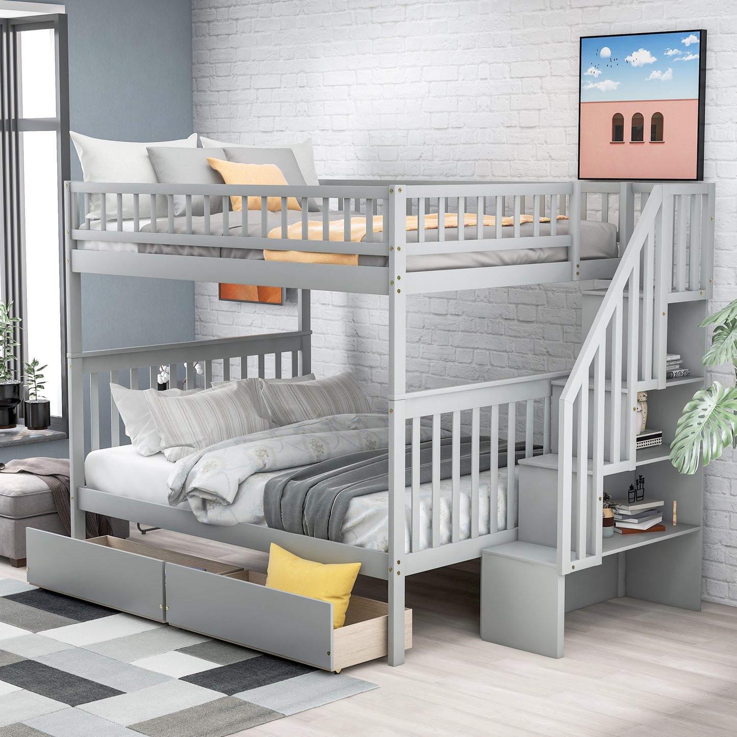 WM Store Full over Full Bunk Bed with Two Drawers and Storage, Gray