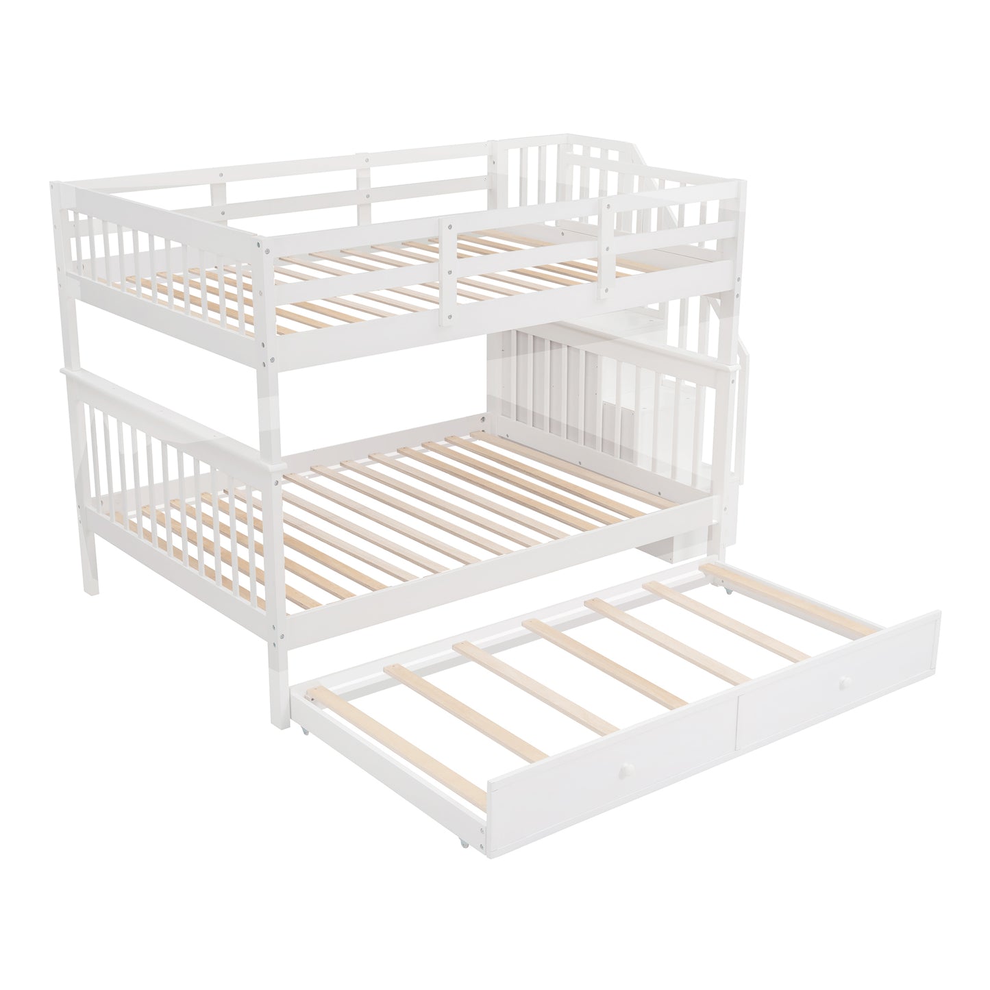 Homey Life Full-Over-Full Bunk Bed with Twin size Trundle & Storage Stairway
