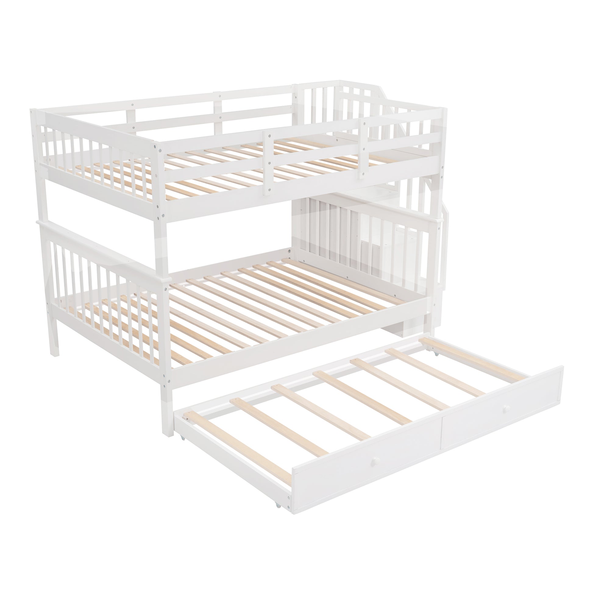 Homey Life Full-Over-Full Bunk Bed with Twin size Trundle & Storage Stairway