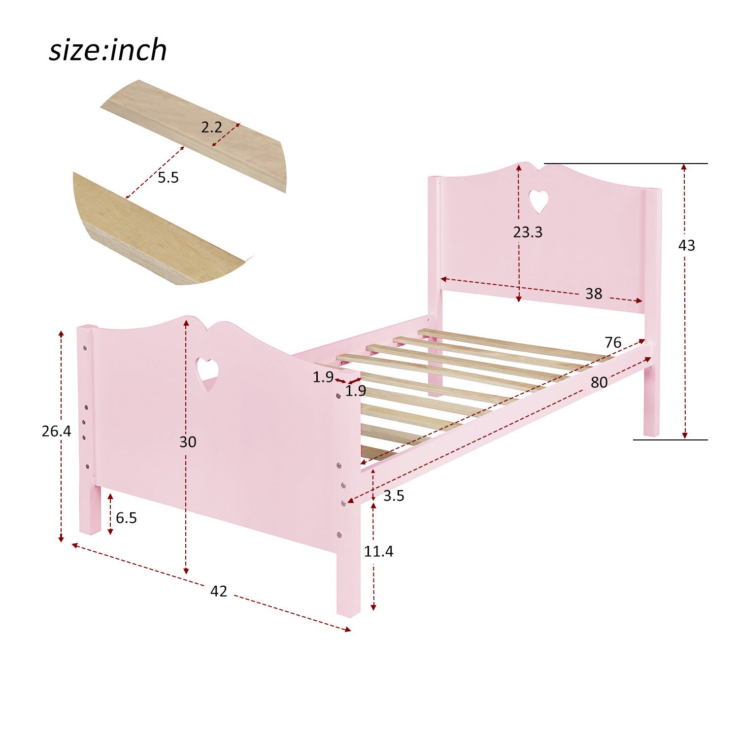 Twin Size Wood Platform Bed with Headboard,Footboard and Wood Slat Support Pink