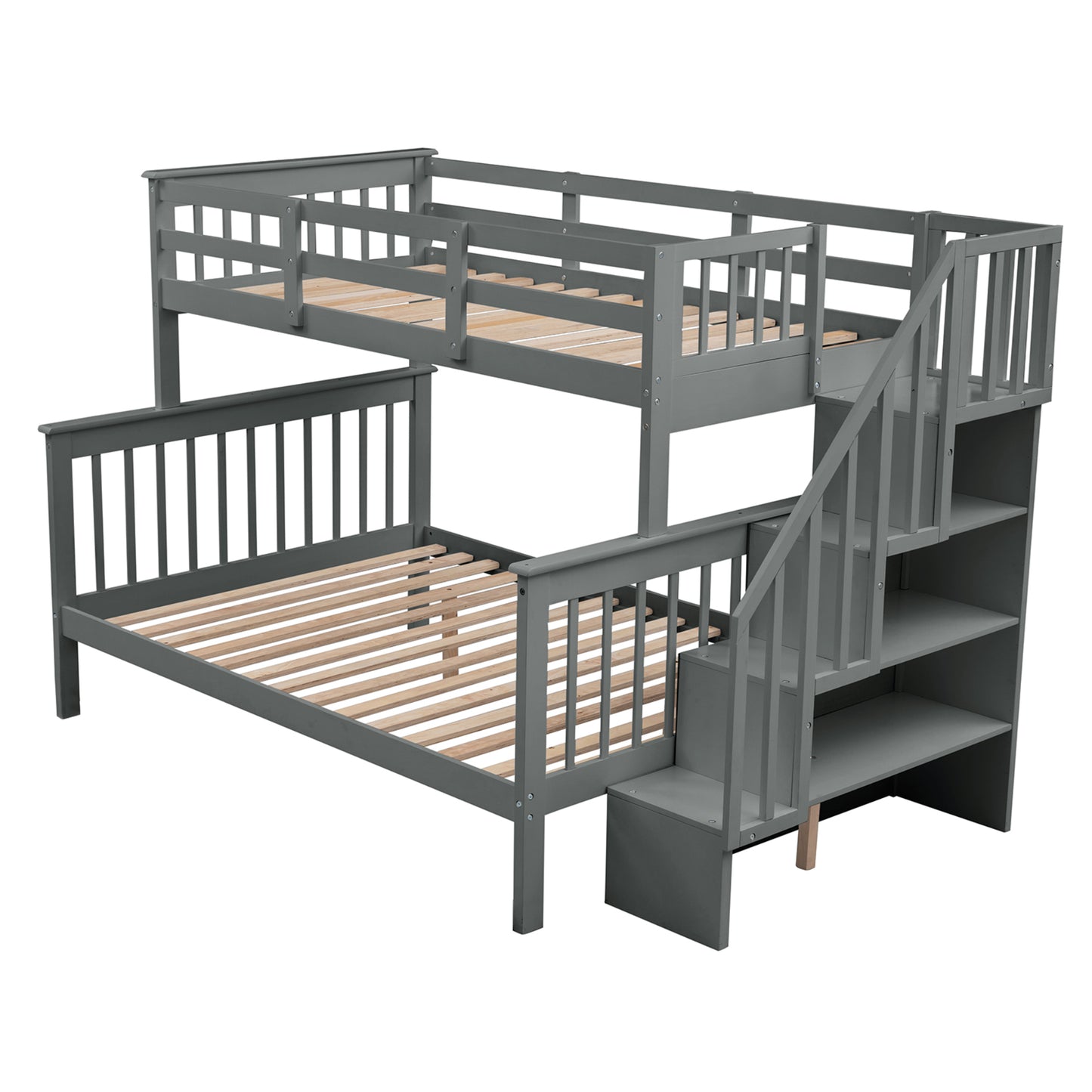 Stairway Twin-Over-Full Bunk Bed with Storage and Guard Rail for Bedroom, Gray