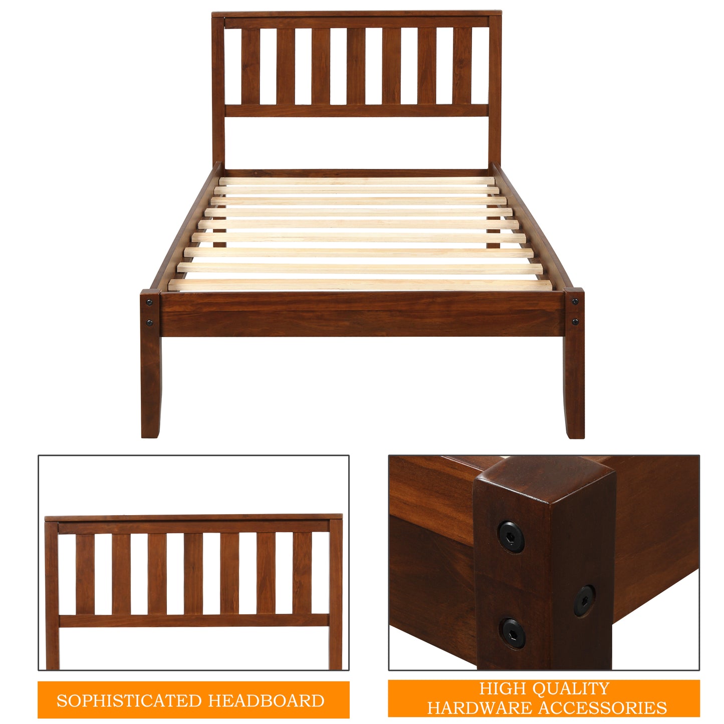 Wood Platform Bed with Headboard/Wood Slat Support，Twin Walnut