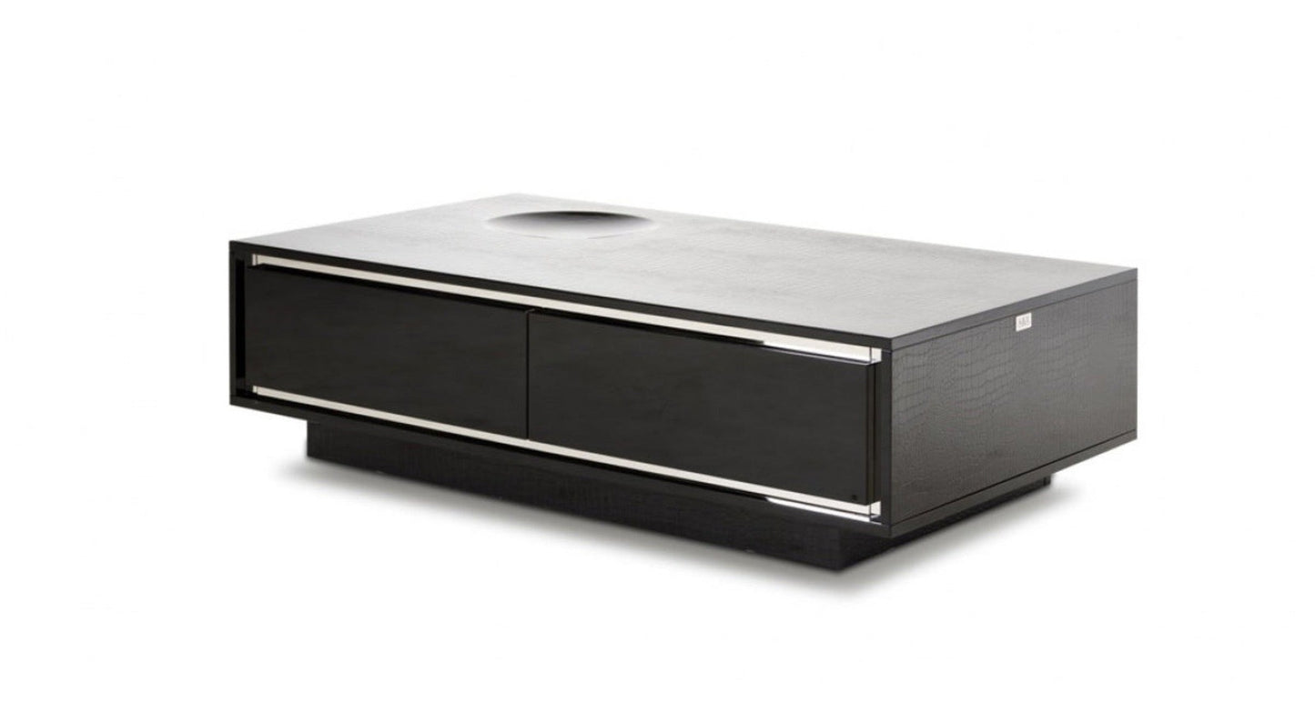 A&X Grand Modern Black Crocodile Lacquer Coffee Table with Drawers