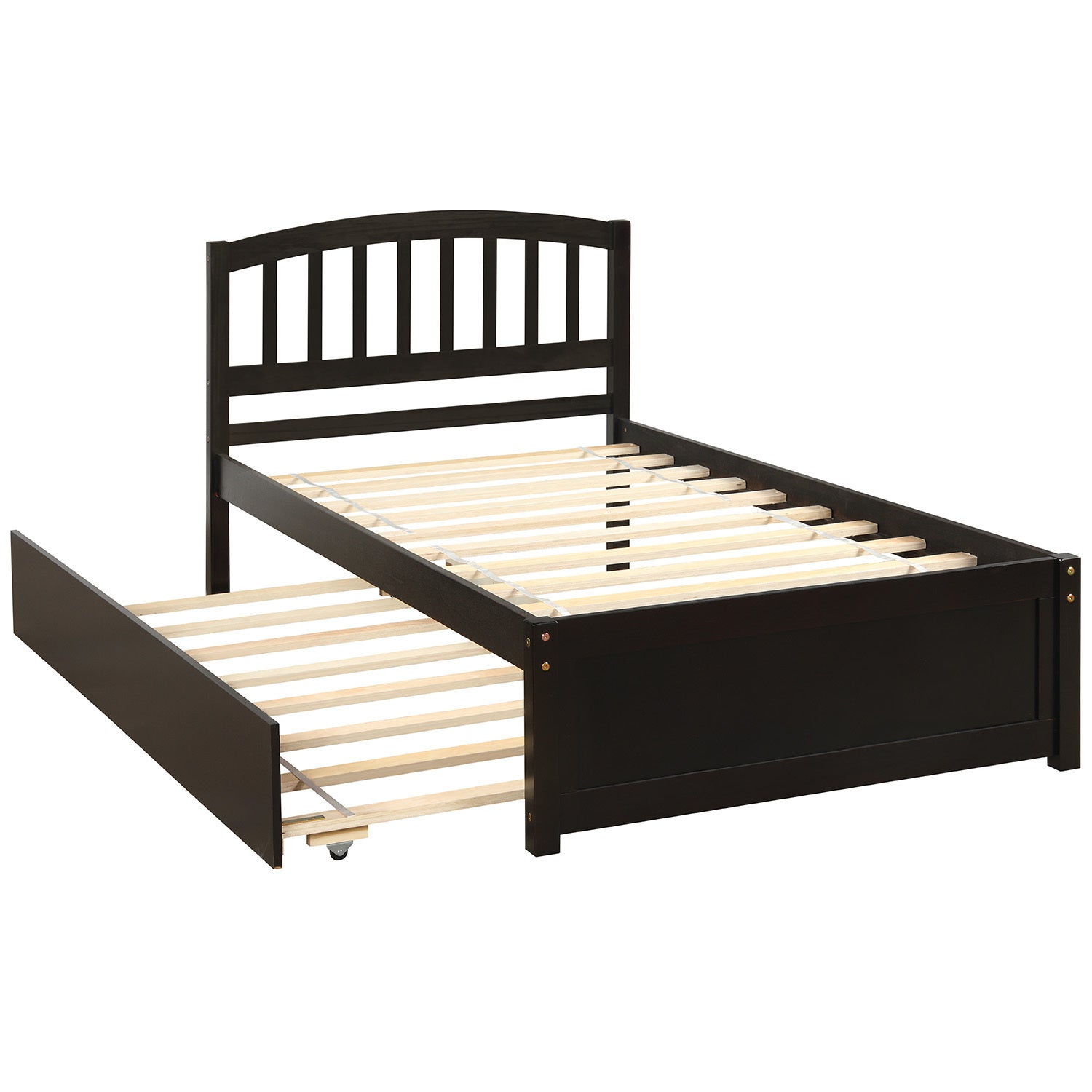 Homey Life Twin size Platform Bed Wood Bed Frame with Trundle, Espresso