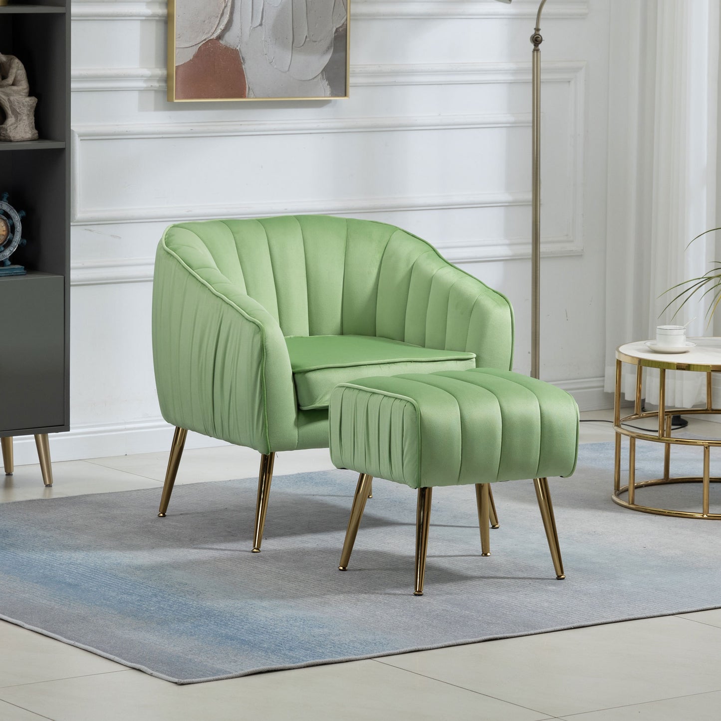 Velvet Accent Chair with Ottoman Set in Green