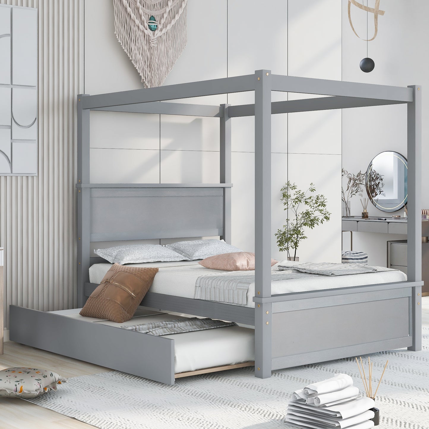 Full Size Wooden Canopy Bed with Trundle in Light Gray