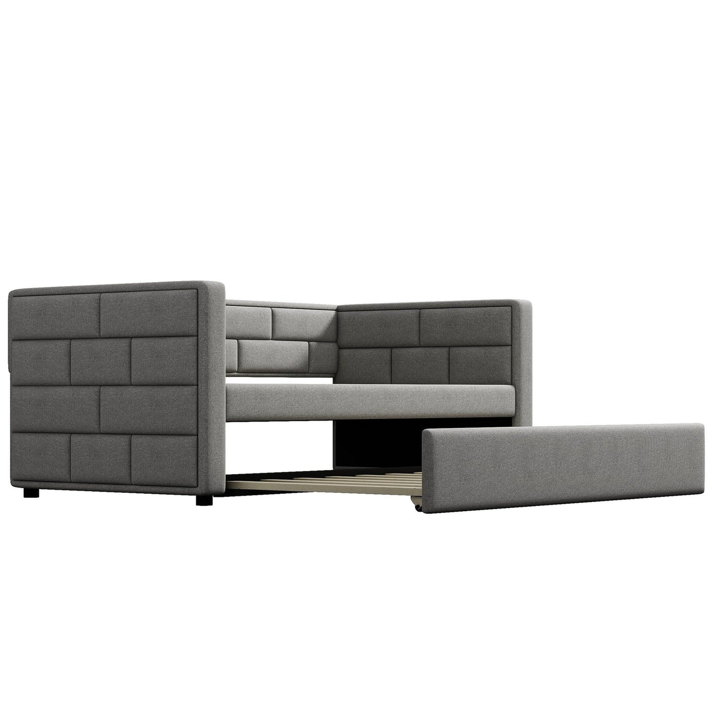 Twin Size Daybed with Trundle in Cube Tufted Gray Upholstery