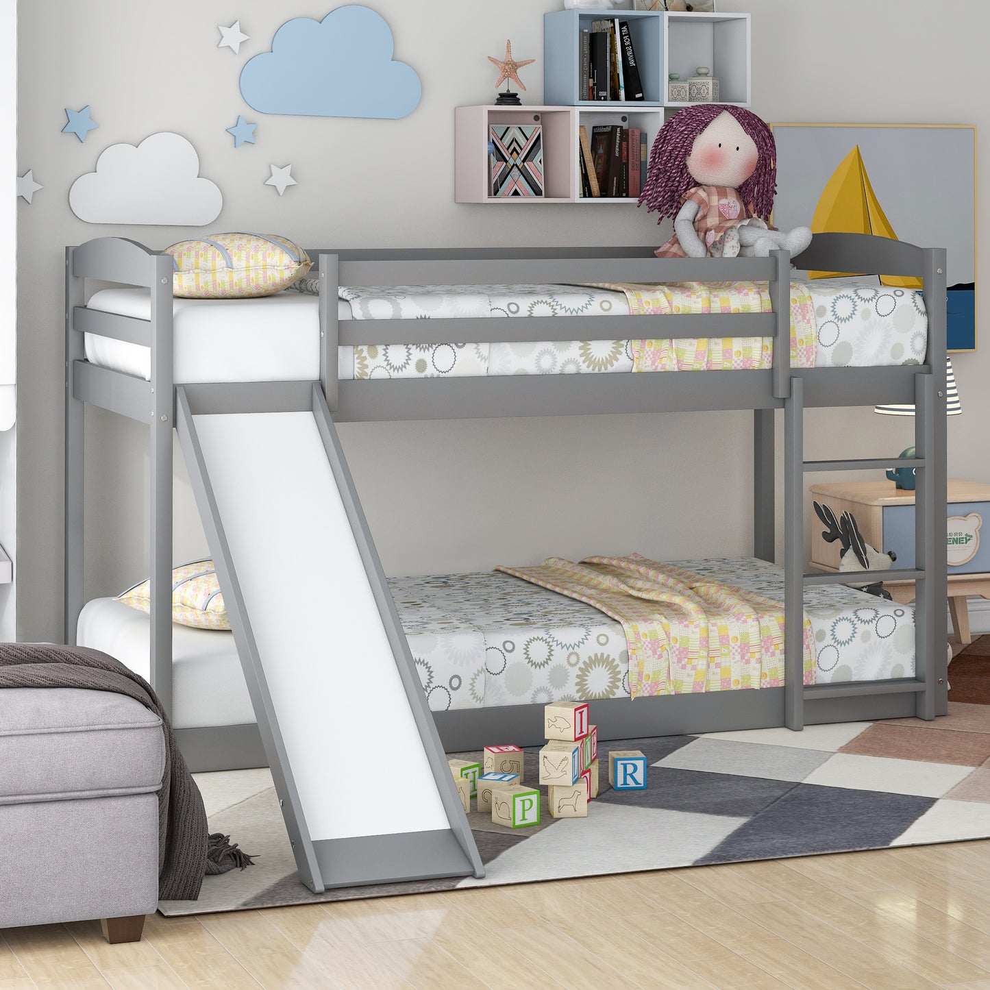 WM Store Twin over Twin Bunk Bed with Convertible Slide and Ladder