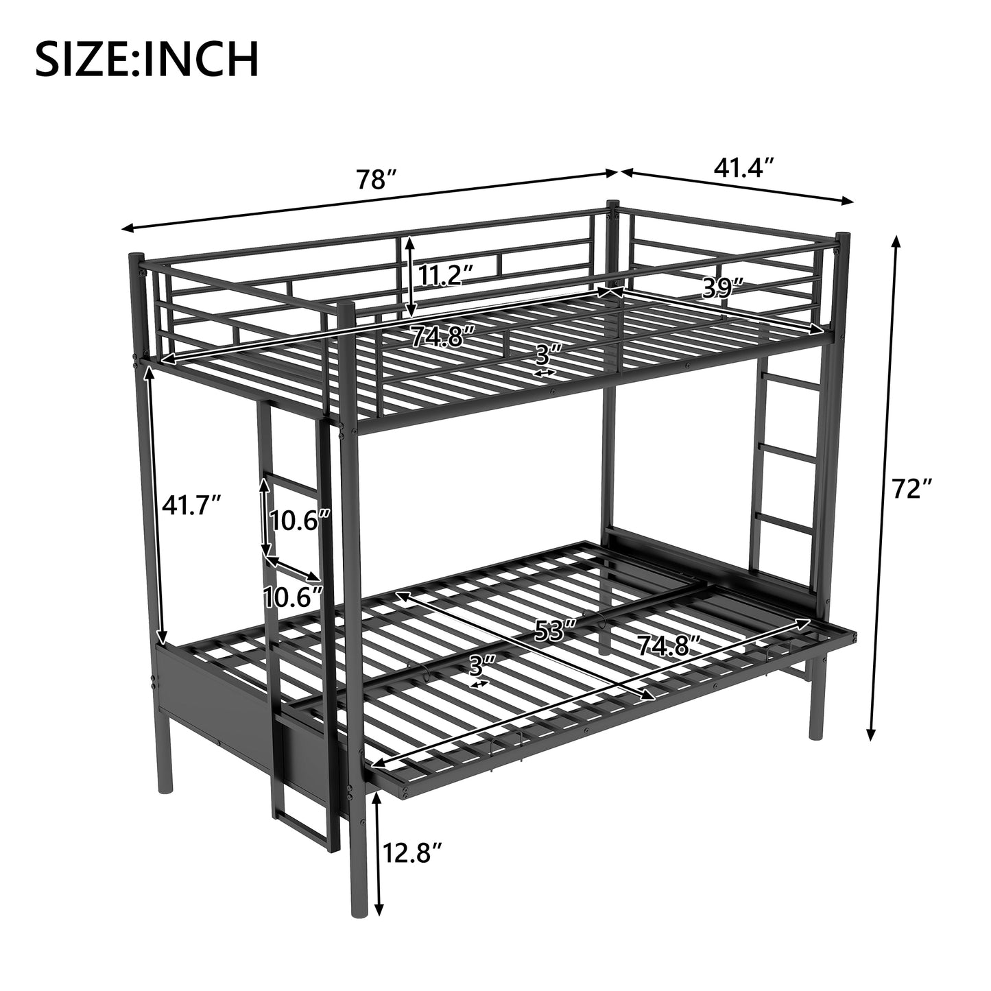Twin over Full Metal Bunk Bed, Multi-Function,Black