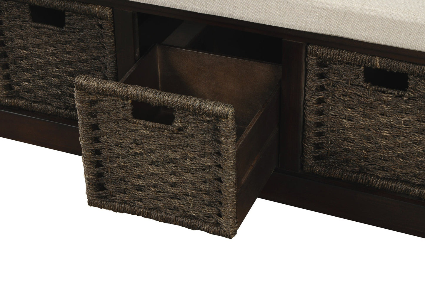 TREXM Rustic Storage Bench with 3 Removable Classic Rattan Basket - Espresso