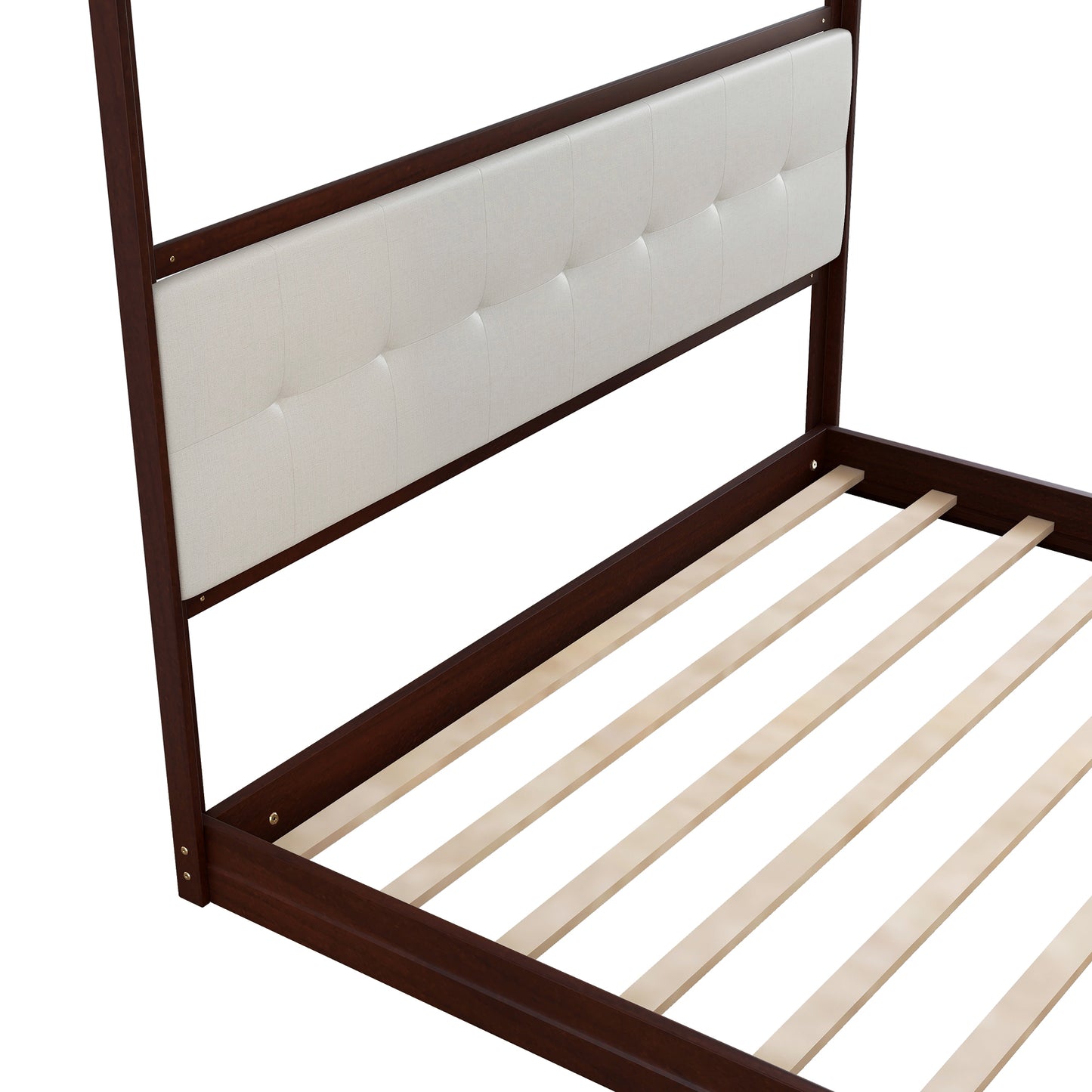 King Size Wooden Canopy Platform Bed with Upholstered Headboard in Espresso