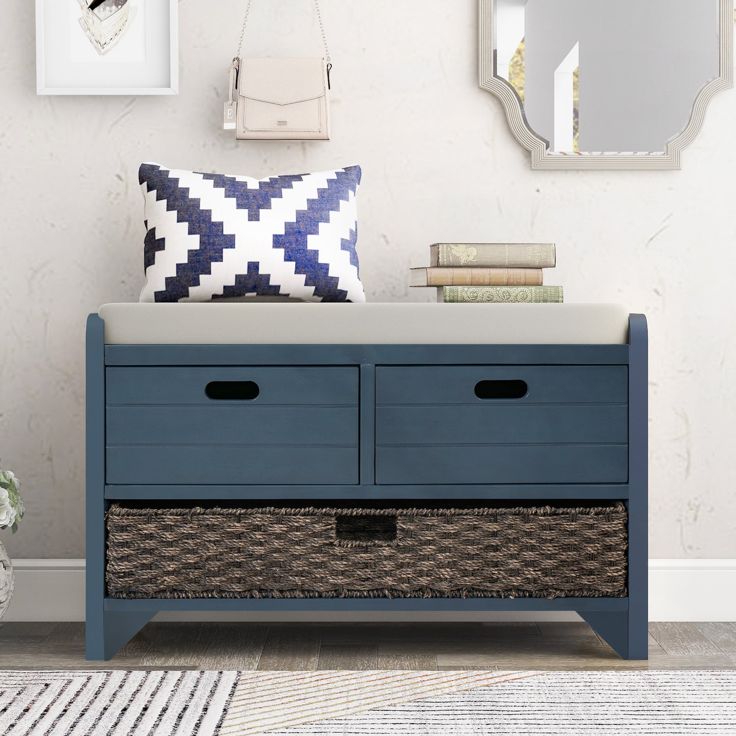 TREXM Storage Bench with Removable Basket and 2 Drawers - Navy