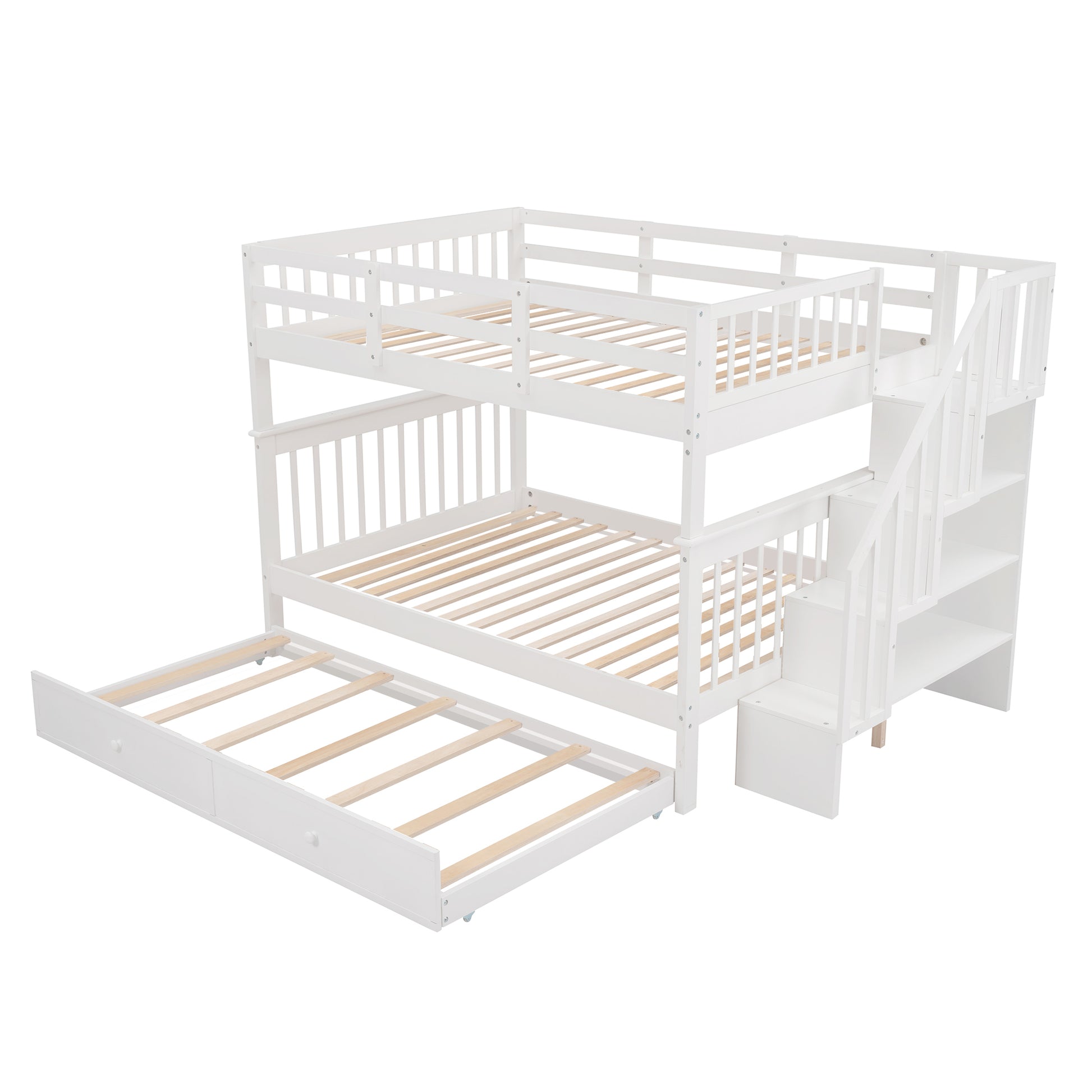 Homey Life Full-Over-Full Bunk Bed with Twin size Trundle & Storage Stairway