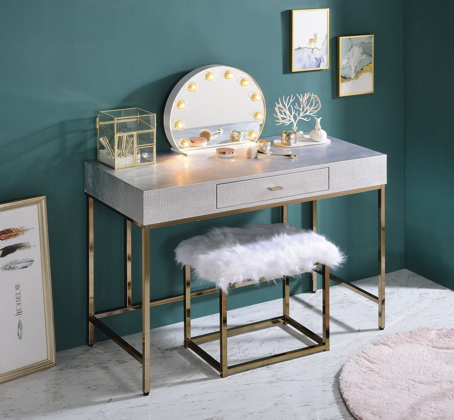 ACME Piety Vanity Desk in Silver PU & Champagne Finish AC00893