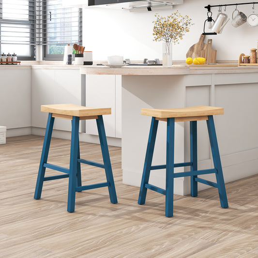 Farmhouse Style 2-piece Counter Height Wood Kitchen Dining Stools in Light Walnut & Blue