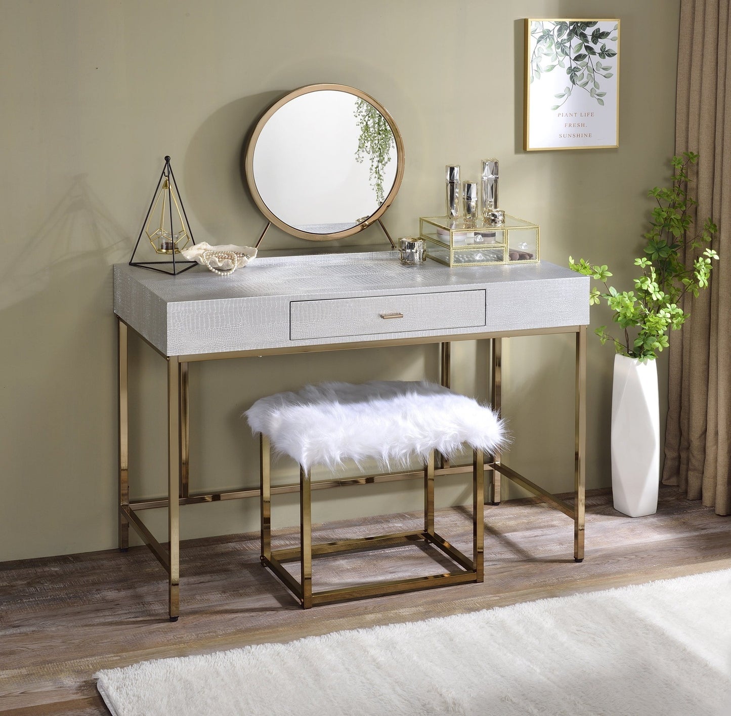 ACME Piety Vanity Desk in Silver PU & Champagne Finish AC00893