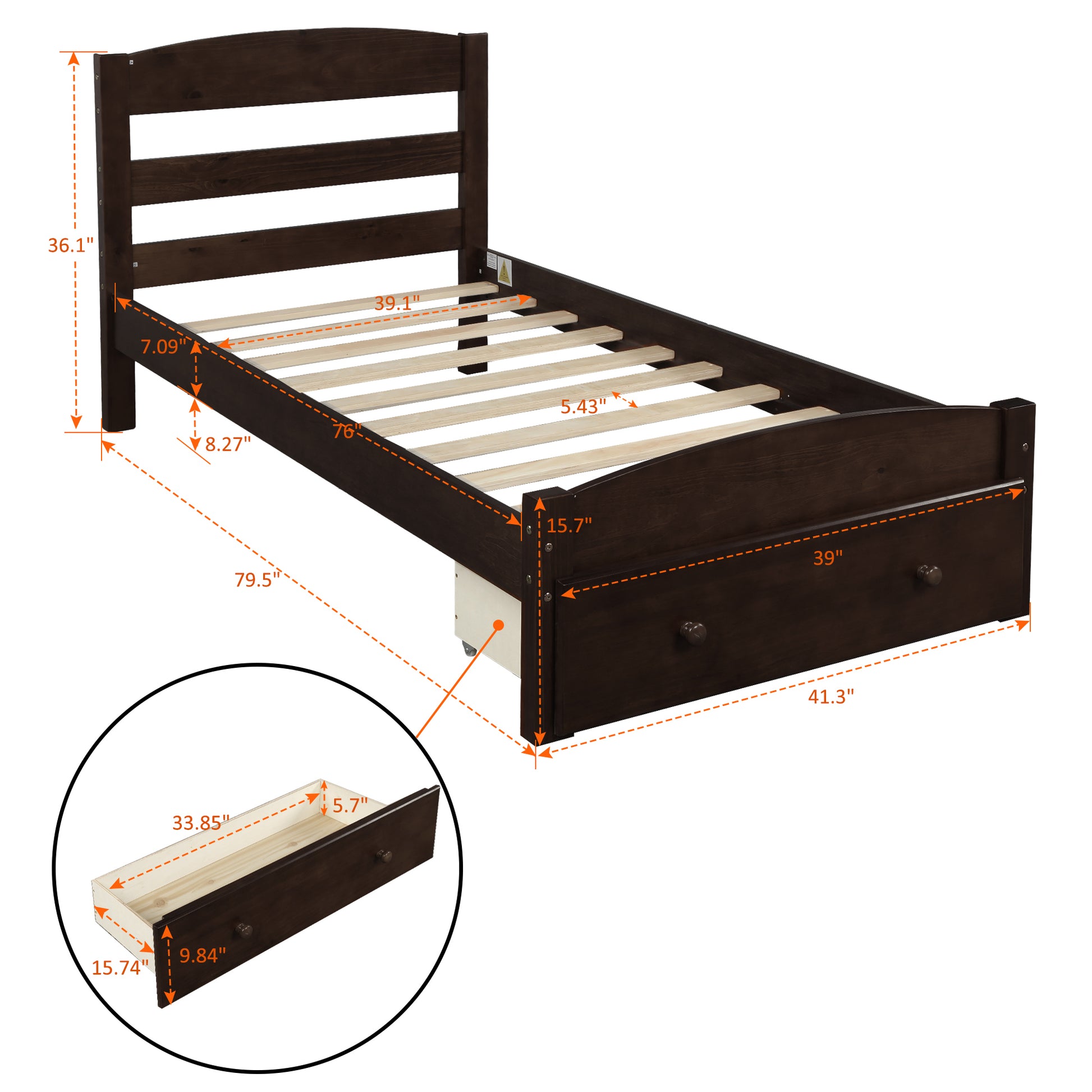Twin Platform Bed with Storage Drawer in Espresso