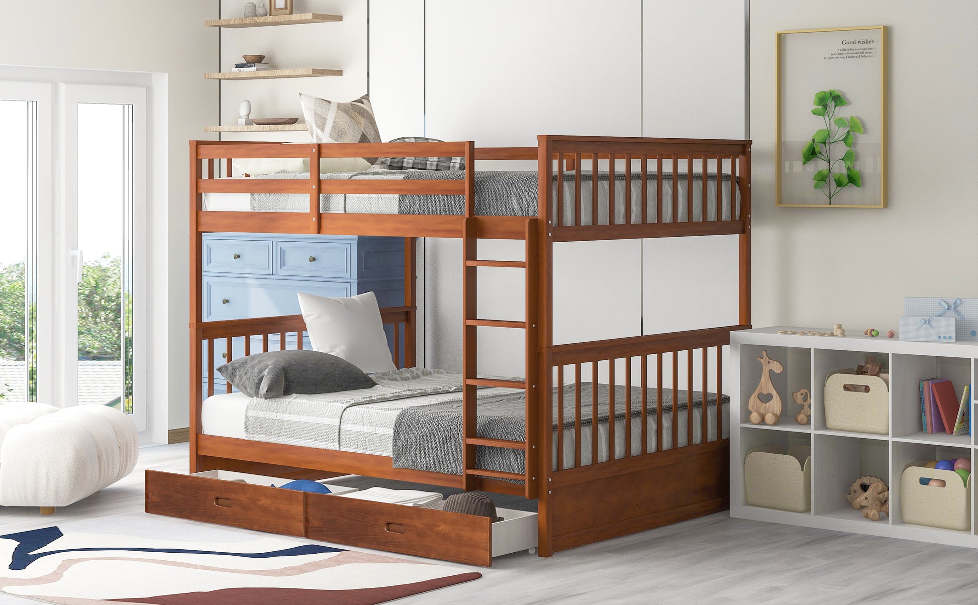 Full-Over-Full Bunk Bed with Ladders and Two Storage Drawers Walnut