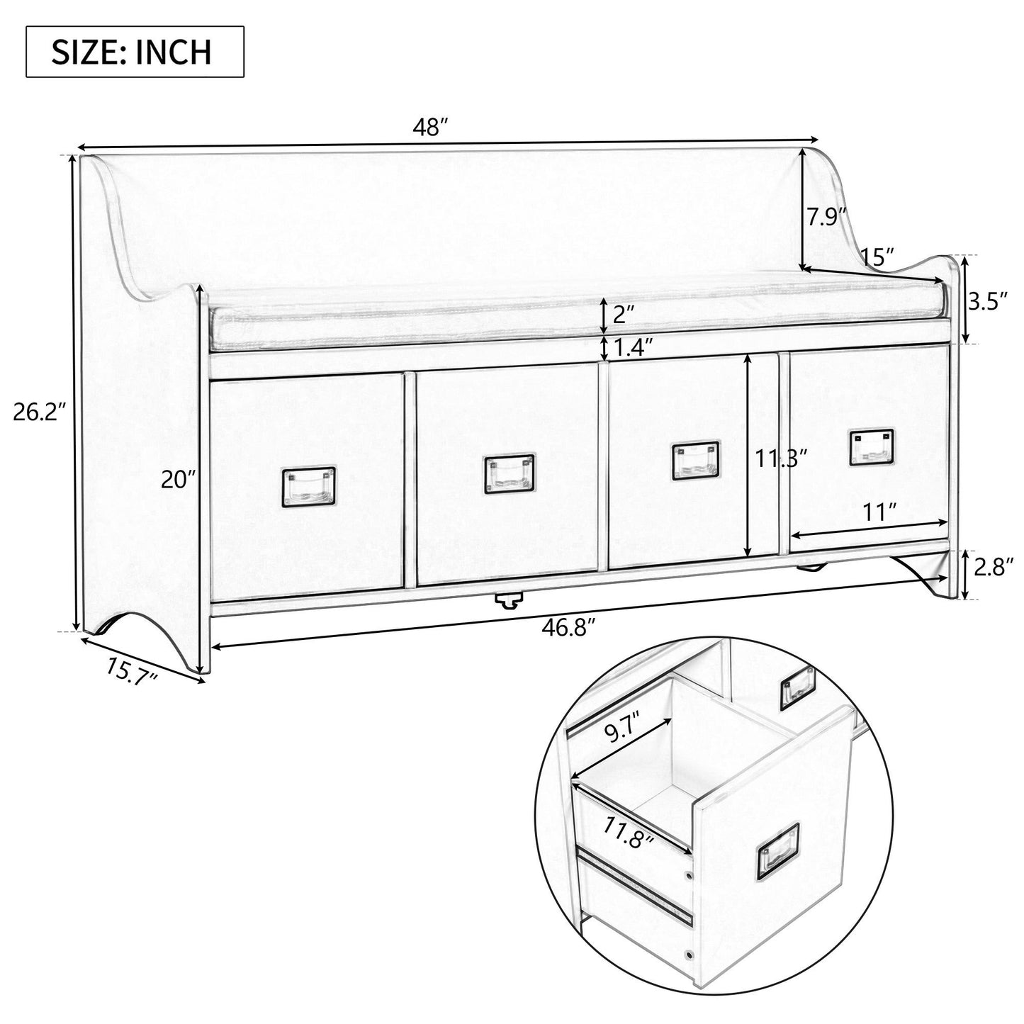TREXM Entryway Storage Bench with Backrest - Gray Wash