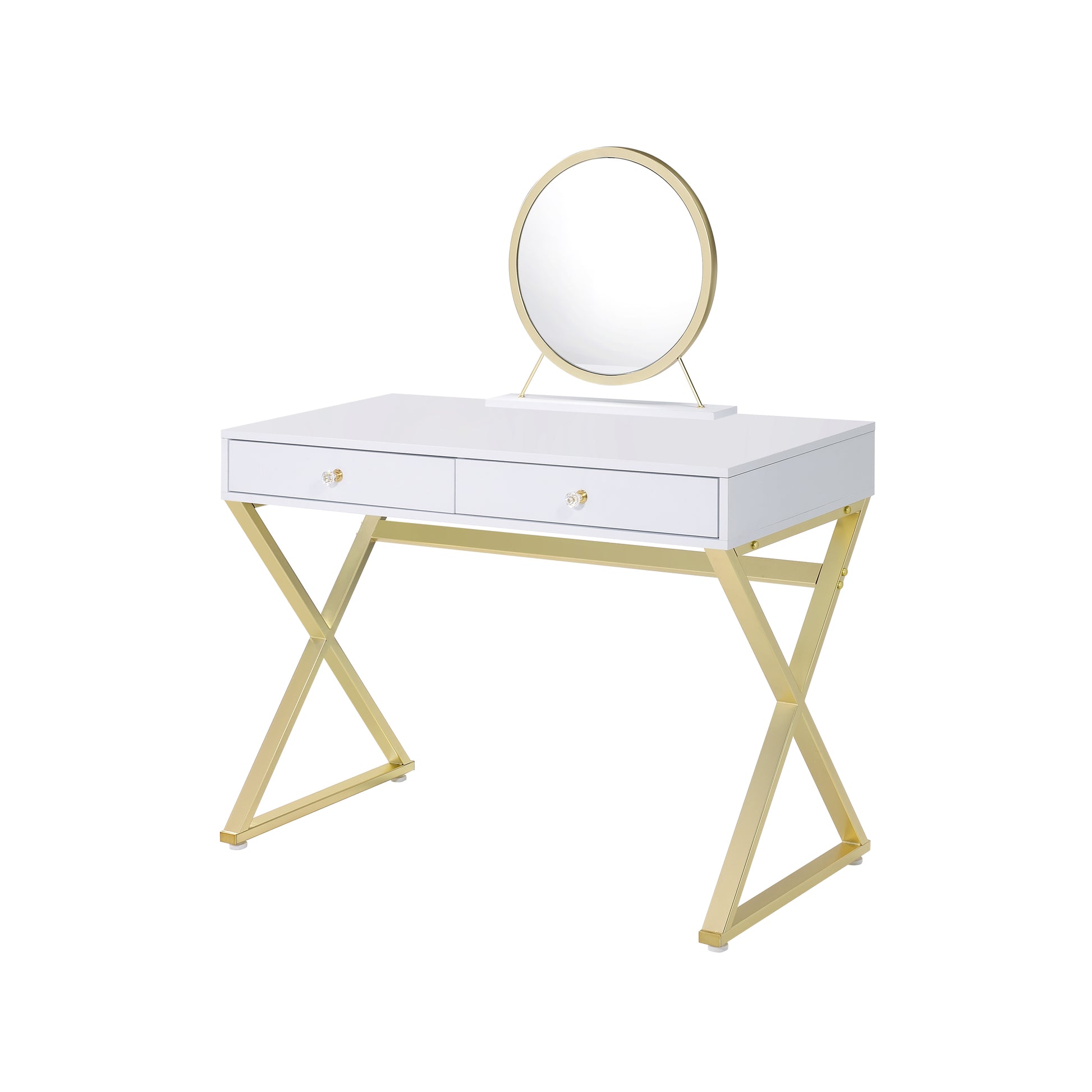 ACME Coleen Vanity Desk w/Mirror & Jewelry Tray in White & Gold Finish AC00667