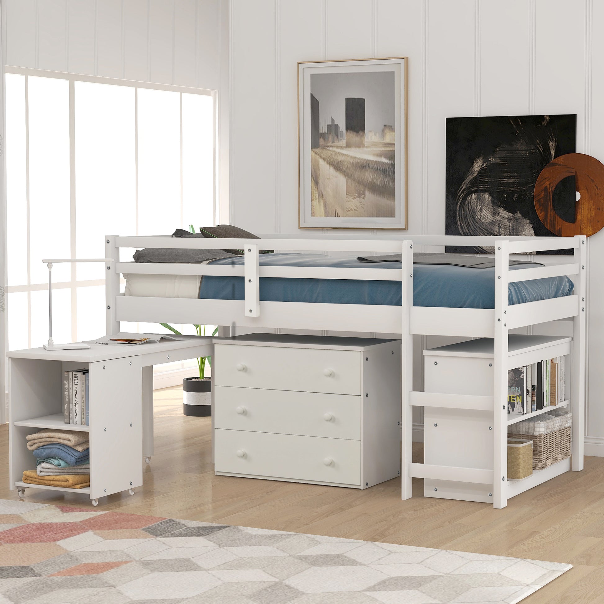 Low Study Twin Loft Bed with Cabinet and Rolling Portable Desk - White