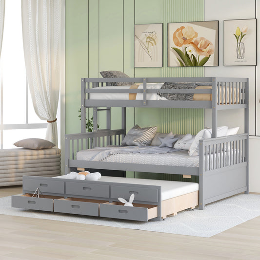 Homey Life Twin-Over-Full Bunk Bed with Twin size Trundle , Separable Bunk Bed with Drawers for Bedroom - Gray