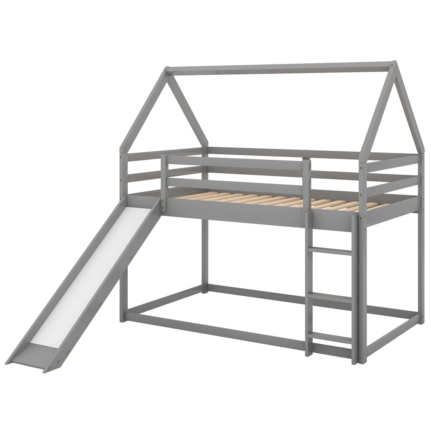 WM Store Twin Size Bunk House Bed with Slide and Ladder in Gray