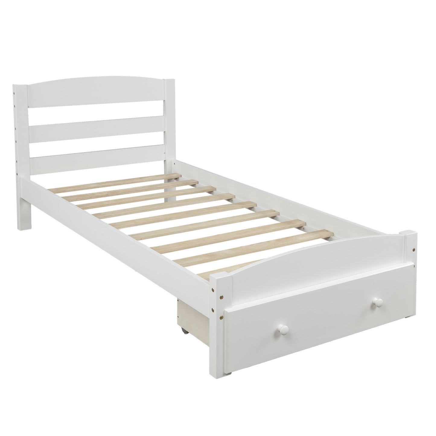 Twin Platform Bed with Storage Drawer in White