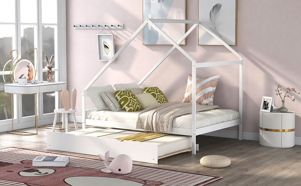 Full Size Wooden House Bed With Twin Size Trundle, White