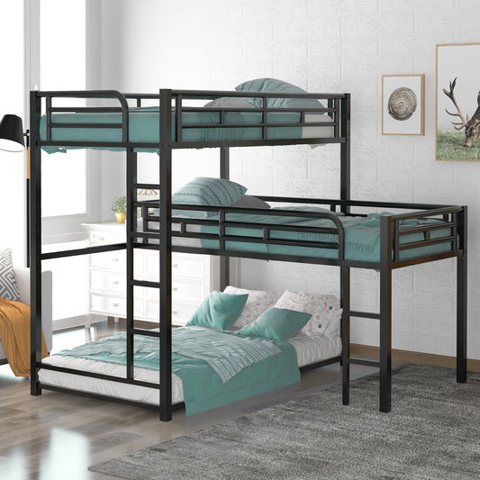 WM Store L-shaped Metal Triple Twin Size Bunk Bed, Black