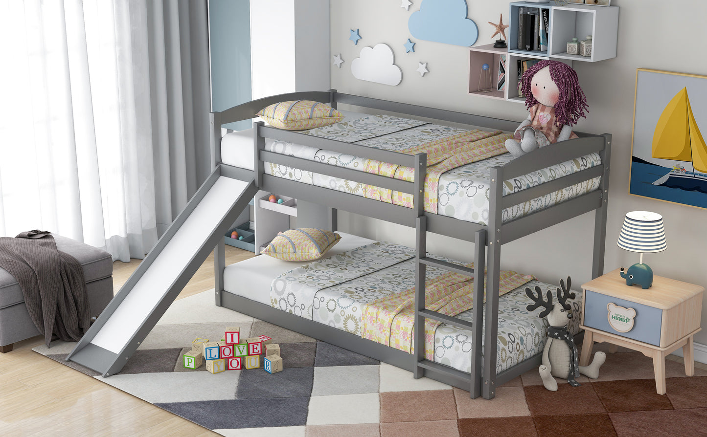 WM Store Twin over Twin Bunk Bed with Convertible Slide and Ladder