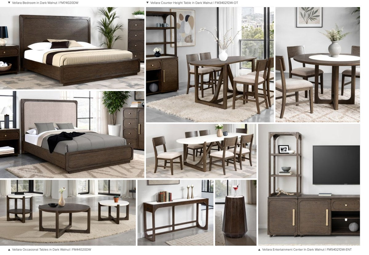 Coordinated bedroom, dining, living, and storage furniture room collage