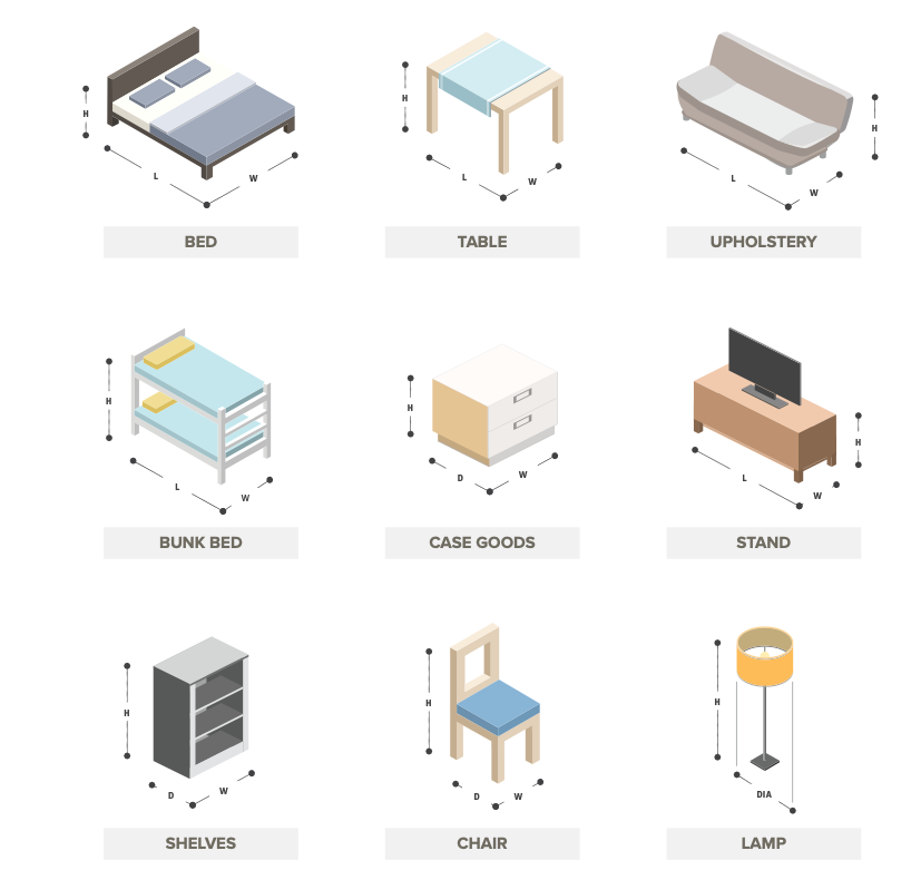 Furniture dimension guide icons for beds, tables, upholstery, storage, chairs, and lamps